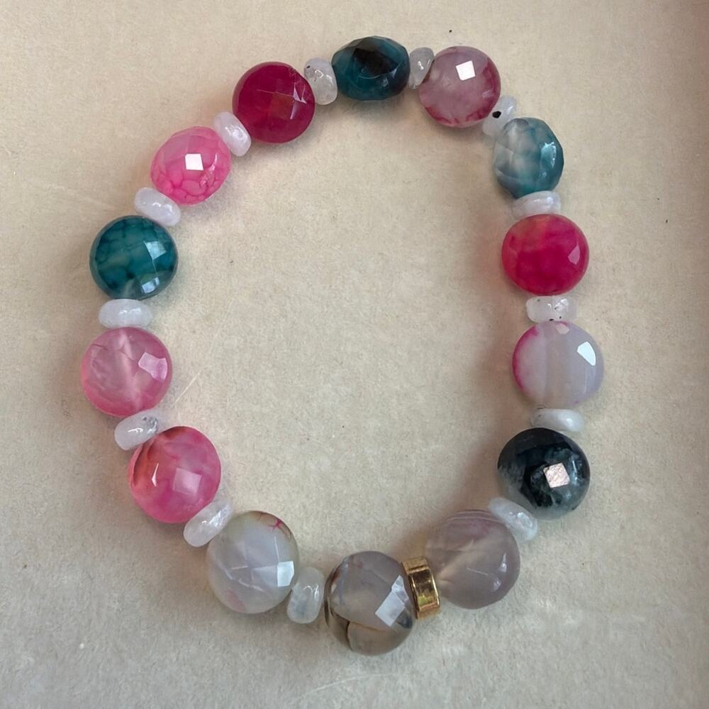 6.5" Agate & Rainbow Moonstone Stretch Bracelet, Blue, Pink, White, Gray